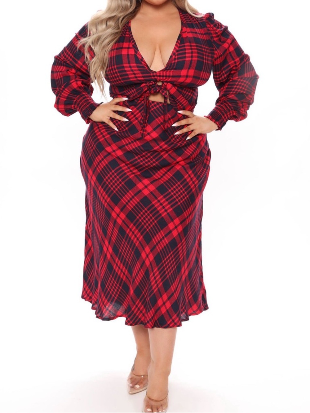 Fashion Nova Red and Blue Plaid Tie-Front Midi 2 piece.